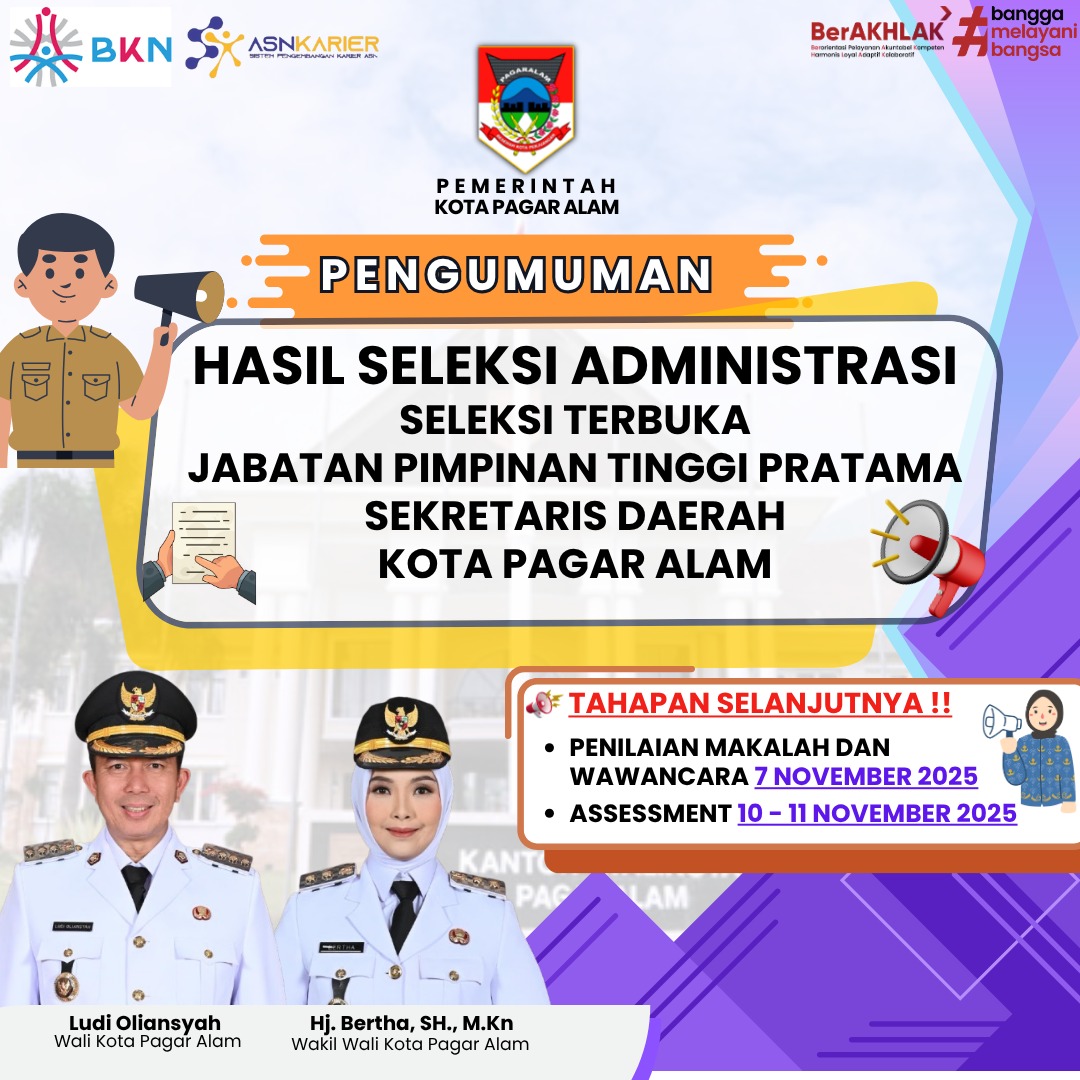 PENGUMUMAN HASIL SELEKSI ADMINISTRASI SELEKSI TERBUKA JPTP SEKRETARIS DAERAH KOTA PAGAR ALAM TAHUN 2025