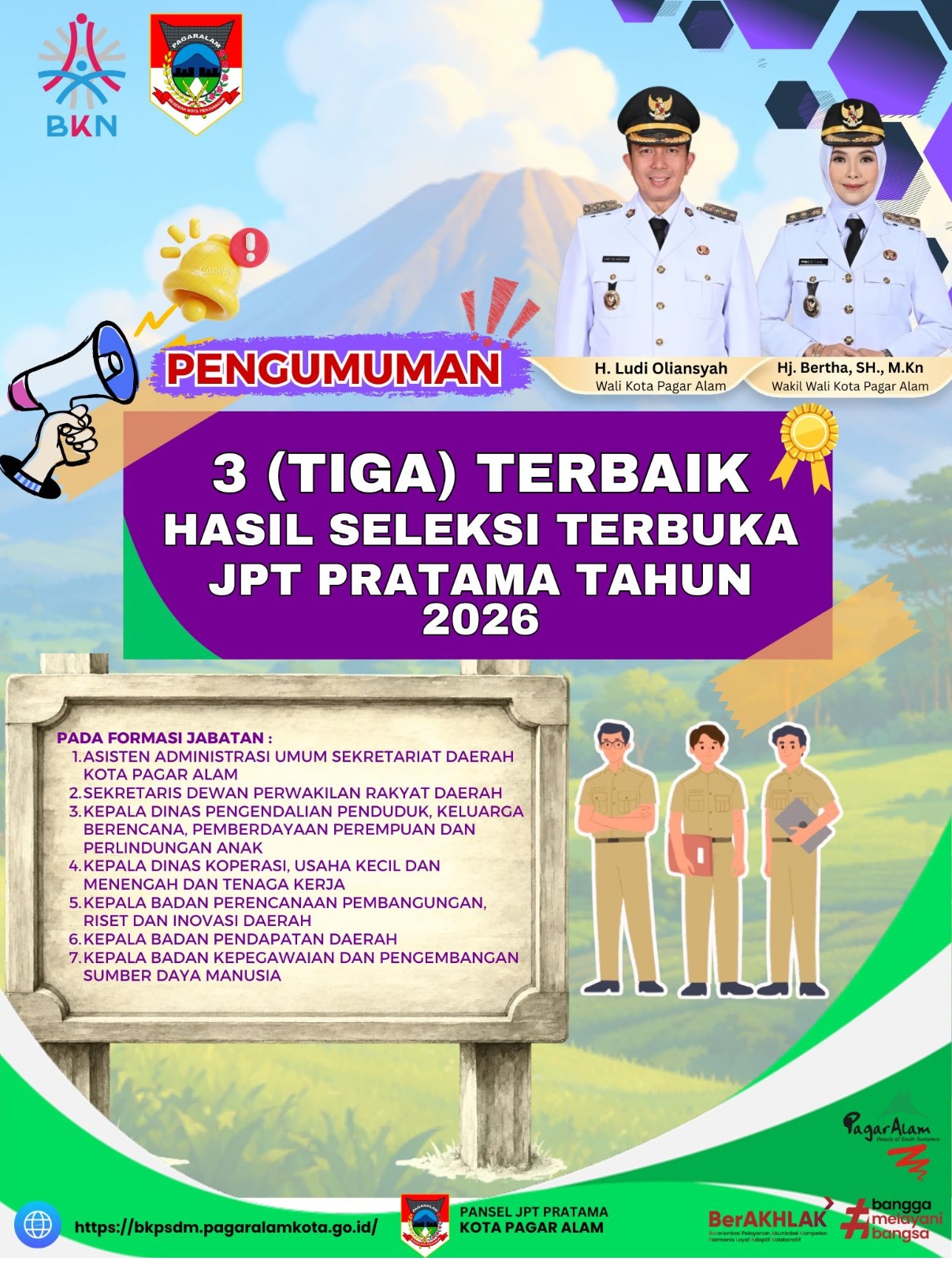 PENGUMUMAN 3 BESAR HASIL SELTER JPT KOTA PAGAR ALAM (7 OPD) TAHUN 2026