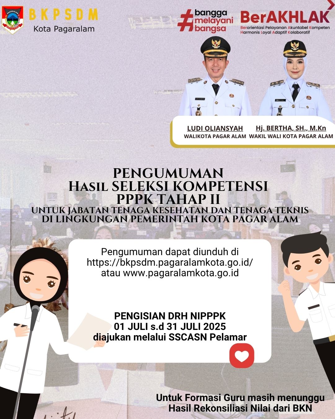 Pengumuman Hasil Seleksi Kompetensi Calon Aparatur Sipil Negara (CASN) Pegawai Pemerintah Dengan Perjanjian Kerja Bagi Pelamar Tenaga Non ASN Yang Aktif Bekerja Di Instansi Pemerintah Untuk Jabatan Tenaga Kesehatan dan Tenaga Teknis di Lingkungan Pemerintah Kota Pagar Alam Tahun 2024